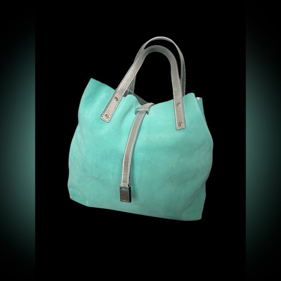 TIFFANY & CO. Reversible Metallic Silver Leather & Blue Suede Tote with Pouch - Picture 3 of 15